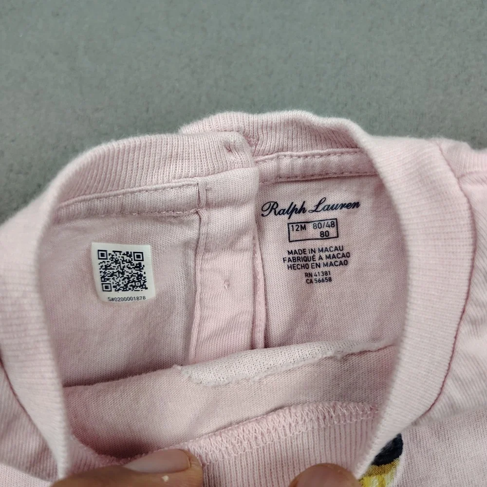 Ralph Lauren Polo Bear Baby Girl Top 12 Month Pink Beret Tartan Plaid Preppy EC